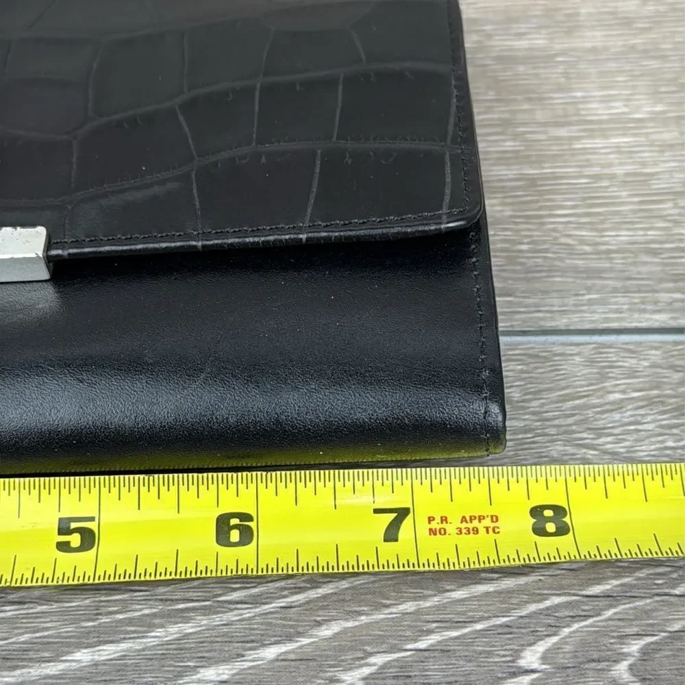 Fossil Black Avenue Croc-Embossed Leather Snap Open Tri-Fold Clutch Wallet